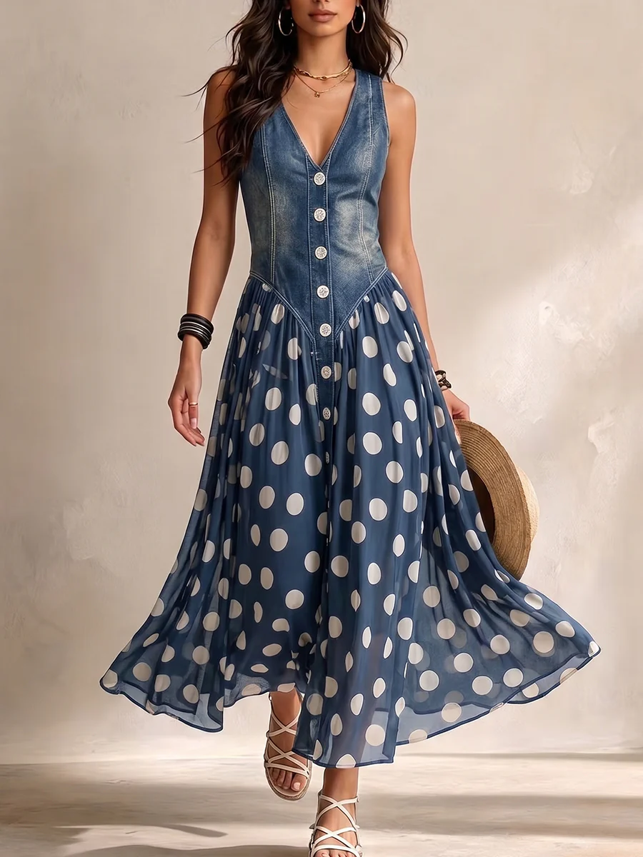 Rossella | Abito Lungo Denim a Pois