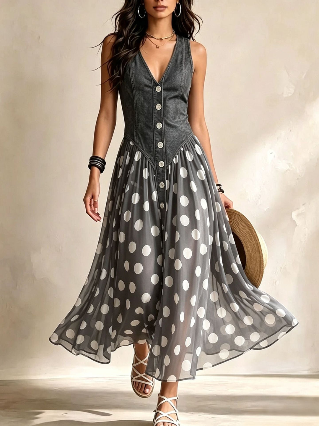 Rossella | Abito Lungo Denim a Pois