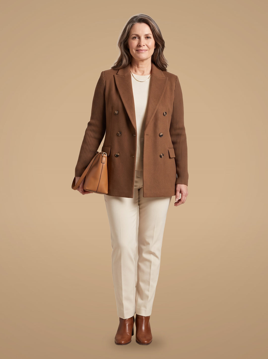 Carla | Blazer Elegante con Maniche in Maglia - Marrone