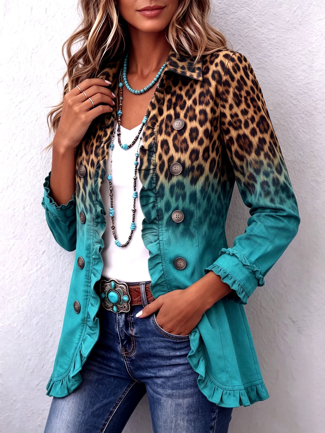 Chiara | Blazer Leopardato Turchese Elegante